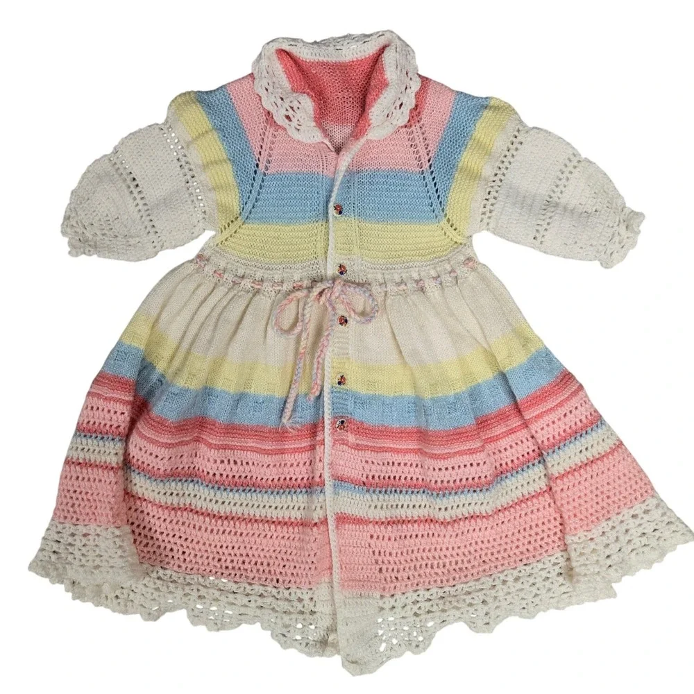 Vintage Handmade Knit Pastel‎ Striped Dress Floral Buttons Crochet Trim Sz 2T-3T